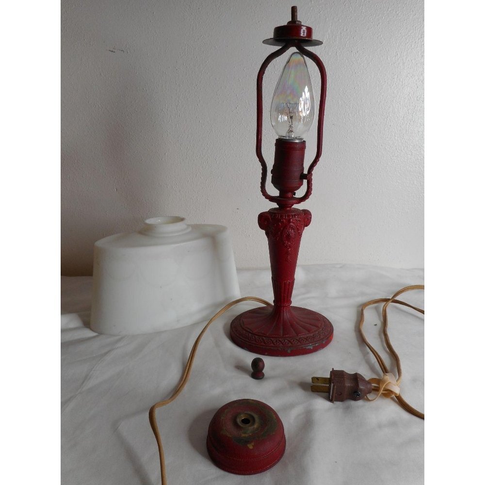 Antique Red Boudoir Desk lamp Metal Floral Basket - Picture 2 of 13